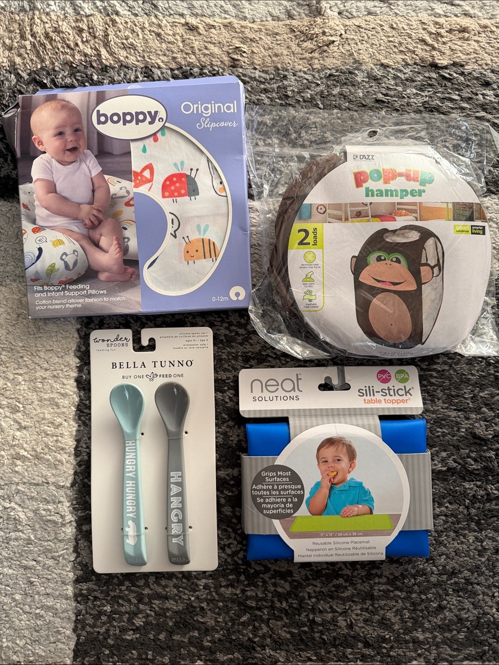Baby gear bundle - Boppy cover, spoons, silicone mat, pop up hamper NEW!